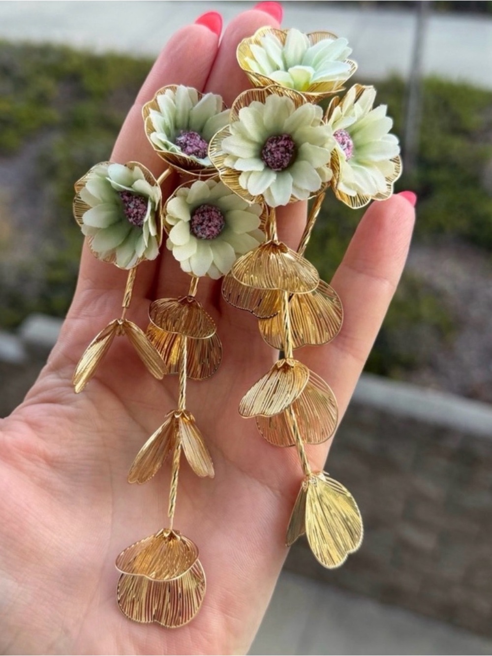 Floral Drop Earrings Green Blossoms Cascading Dangle Wedding Evening Earrings